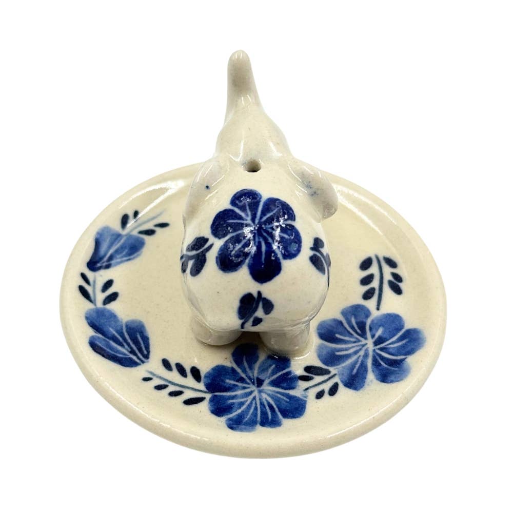 Elephant Floral on Round Ceramic Incense Holder