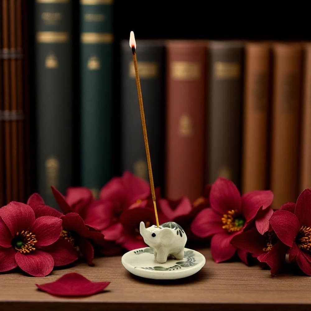 Elephant Floral on Round Ceramic Incense Holder
