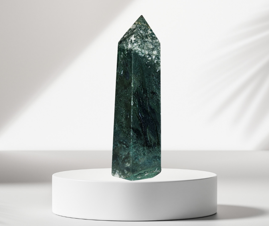 Moss Agate Obelisk 3" Dark